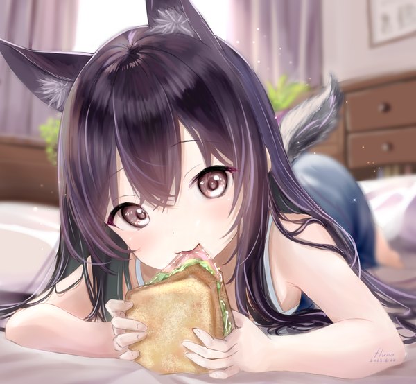 Anime picture 2000x1848 with original fluno single long hair looking at viewer fringe highres black hair hair between eyes animal ears indoors tail lying animal tail grey eyes loli sleeveless on stomach eating girl