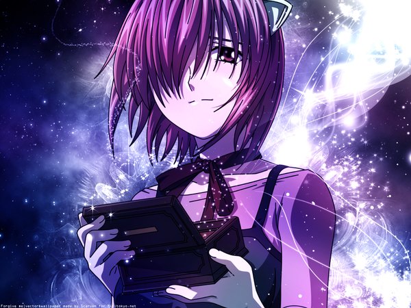 Anime picture 1600x1200 with elfen lied arms corporation lucy lynn okamoto (artist) scarven single looking at viewer fringe short hair purple eyes signed animal ears purple hair hair over one eye wallpaper light third-party edit music girl casket