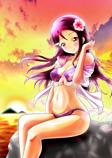 Anime picture 1433x2023 with love live! sunshine!! sunrise (studio) love live! sakurauchi riko feng hui you single long hair tall image looking at viewer blush fringe breasts light erotic hair between eyes sitting bare shoulders yellow eyes sky cloud (clouds) outdoors