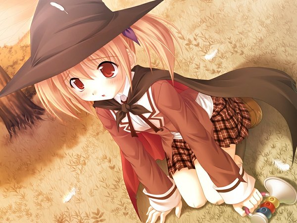 Anime picture 1024x768 with scarlett blonde hair red eyes game cg loli girl hat