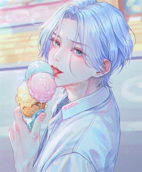 Anime picture 990x1198 with sk8 the infinity studio bones hasegawa langa jnkku single tall image looking at viewer short hair blue eyes signed blue hair upper body from above sweat twitter username licking boy food sweets tongue