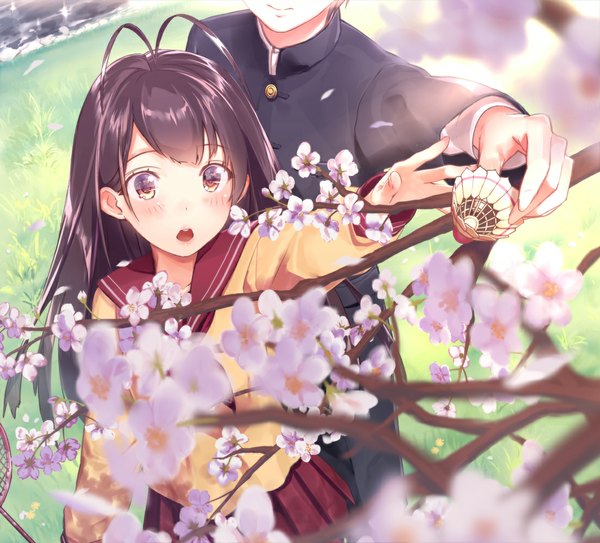 Anime picture 1103x1000 with original kinugasa yuuichi long hair blush fringe open mouth smile brown hair standing brown eyes ahoge pleated skirt from above sunlight cherry blossoms outstretched arm sunbeam no face girl boy