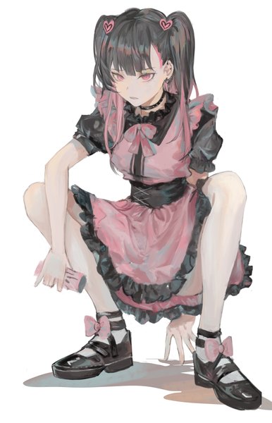 Anime picture 2657x4134 with original monster energy yamatori single long hair tall image highres black hair simple background white background looking away full body pink eyes bare legs two side up piercing ear piercing squat girl dress