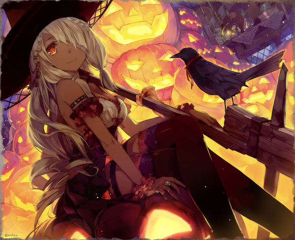 Anime picture 1050x855 with original orda single long hair looking at viewer fringe sitting signed white hair hair over one eye orange eyes crossed legs halloween witch wrist scrunchie bandage over one eye girl thighhighs dress hat