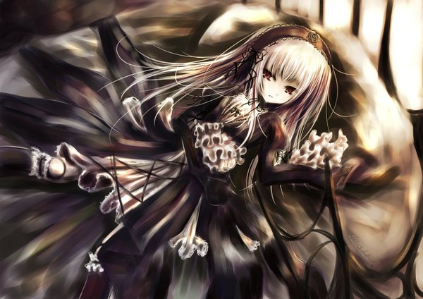Anime picture 1697x1200 with rozen maiden suigintou abudala (artist) single long hair fringe red eyes looking away white hair blunt bangs from above lolita fashion gothic doll joints girl dress frills hairband bed lolita hairband