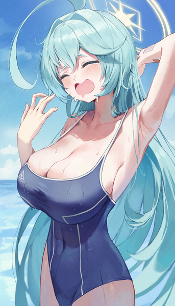 Anime picture 1600x2800 with blue archive yume (blue archive) dotthebot single long hair tall image fringe breasts light erotic hair between eyes large breasts standing ahoge outdoors eyes closed aqua hair armpit (armpits) wet covered navel arm behind head
