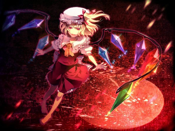 Anime picture 1000x750 with touhou flandre scarlet sunakumo single short hair open mouth blonde hair red eyes girl dress wings bonnet crystal