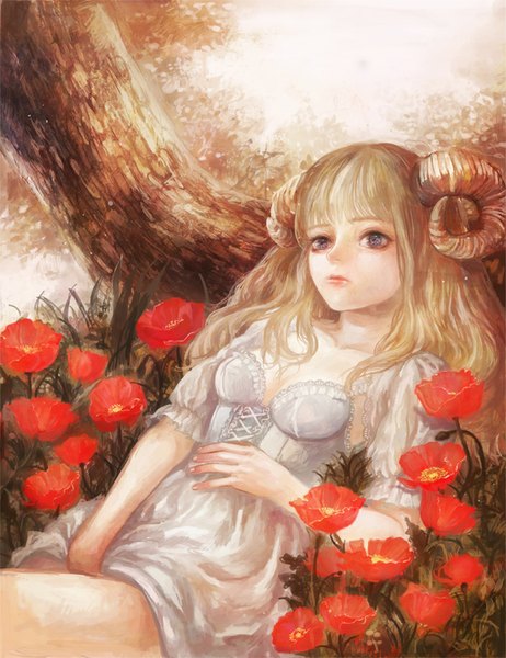 Anime picture 694x900 with original charmf single long hair tall image looking at viewer fringe blonde hair bent knee (knees) lying horn (horns) grey eyes lacing girl dress flower (flowers) plant (plants) tree (trees) white dress poppy