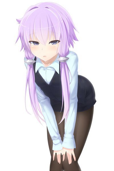 Anime picture 1072x1608 with vocaloid yuzuki yukari abmayo single long hair tall image looking at viewer blush fringe open mouth simple background white background twintails purple eyes purple hair leaning leaning forward low twintails hand on knee girl