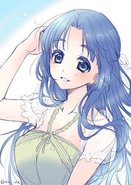 Anime picture 566x800 with suzumiya haruhi no yuutsu kyoto animation asakura ryouko len togarti single long hair tall image looking at viewer blush fringe breasts blue eyes simple background smile signed blue hair upper body parted lips arm up short sleeves