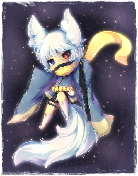 Anime picture 1276x1624 with original midna01 single tall image looking at viewer fringe short hair blue eyes red eyes animal ears white hair tail traditional clothes japanese clothes animal tail heterochromia chibi boy
