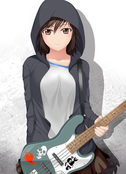 Anime picture 1000x1381 with original ayase tamaki single tall image short hair black hair brown eyes girl skirt hood guitar