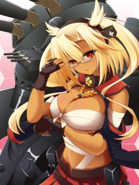 Anime picture 1000x1333 with kantai collection musashi super battleship saboten teishoku tall image short hair breasts light erotic blonde hair red eyes girl gloves navel hair ornament weapon glasses fingerless gloves bandage (bandages) partly fingerless gloves