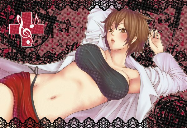 Anime picture 1017x700 with vocaloid meiko single blush short hair breasts open mouth light erotic brown hair large breasts brown eyes open clothes open shirt girl navel miniskirt