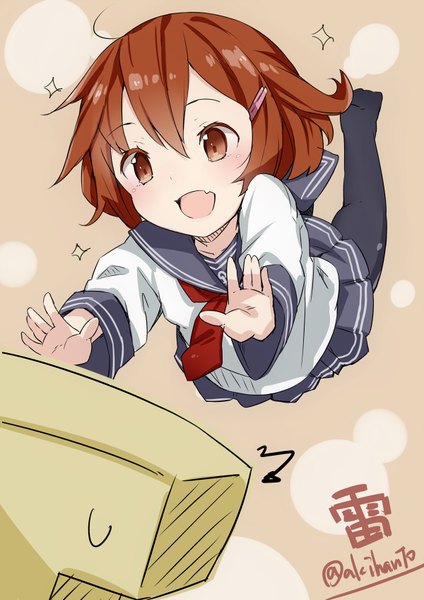 Anime picture 600x848 with kantai collection ikazuchi destroyer admiral (kantai collection) t-head admiral akiha (attract) tall image blush fringe short hair open mouth smile brown hair brown eyes signed ahoge teeth fang (fangs) no shoes outstretched arm flying