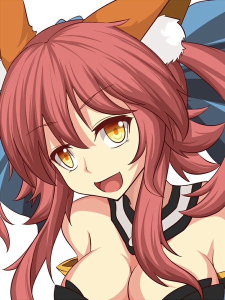 Anime picture 700x933 with fate (series) fate/extra type-moon tamamo (fate) (all) tamamo no mae (fate) rokopi single tall image looking at viewer breasts open mouth light erotic simple background white background twintails bare shoulders animal ears yellow eyes cleavage red hair