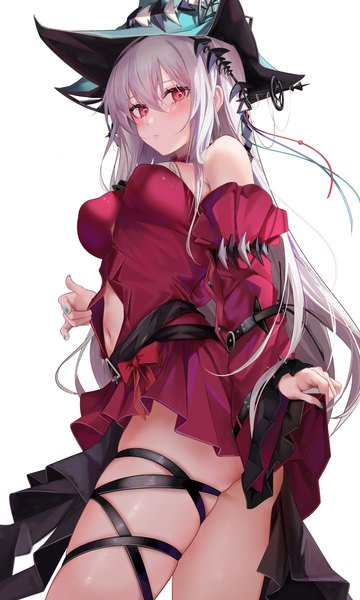 Anime picture 2681x4466 with arknights skadi (arknights) skadi the corrupting heart (arknights) ru zhai single long hair tall image looking at viewer blush fringe highres breasts light erotic simple background hair between eyes red eyes large breasts standing white background silver hair