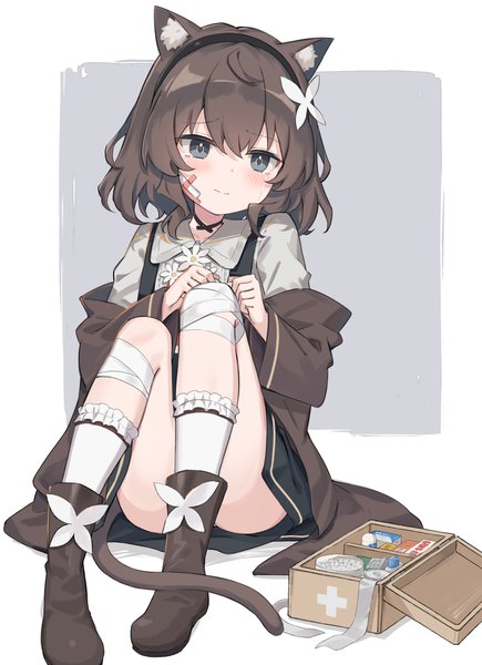 Anime picture 2293x3165 with original satou (3366 s) single tall image blush fringe highres short hair hair between eyes brown hair sitting animal ears looking away tail animal tail cat ears grey background cat girl cat tail grey eyes