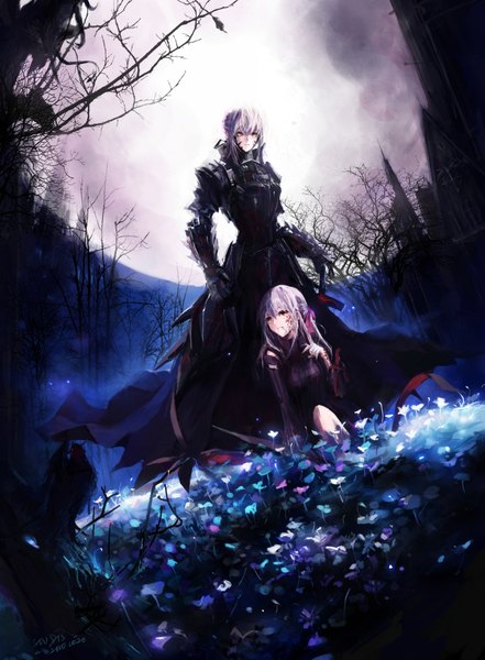 Anime picture 1325x1800 with fate (series) fate/stay night studio deen type-moon artoria pendragon (all) saber saber alter matou sakura stu dts tall image smile red eyes yellow eyes purple hair night sky dress gloves plant (plants) sword tree (trees)