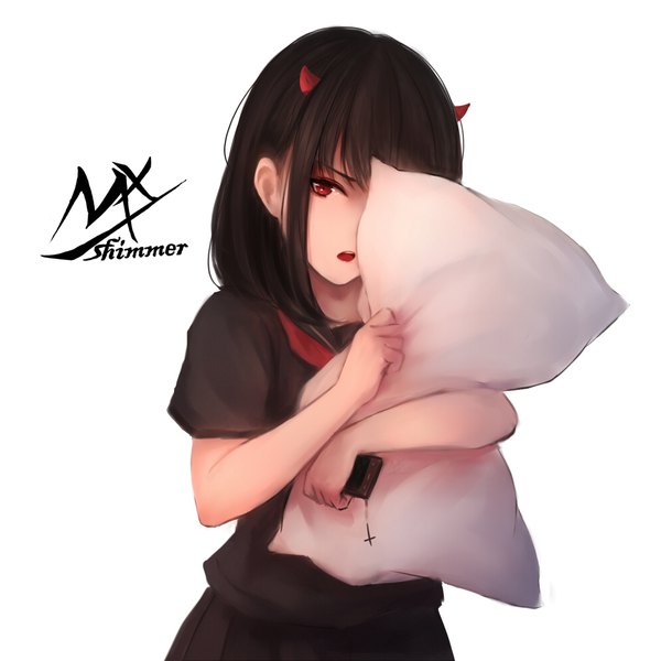 Anime picture 992x992 with original shimmer single long hair looking at viewer fringe open mouth black hair simple background red eyes white background holding signed payot upper body pleated skirt horn (horns) covering pillow hug covering face