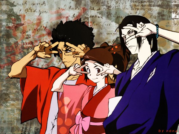 Anime picture 1600x1200 with samurai champloo mugen (samurai champloo) jinnosuke fuu (samurai champloo) signed japanese clothes glasses