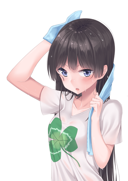 Anime picture 1000x1412 with virtual youtuber nijisanji tsukino mito shikapiro single long hair tall image looking at viewer blush fringe breasts open mouth blue eyes black hair simple background large breasts standing white background holding upper body