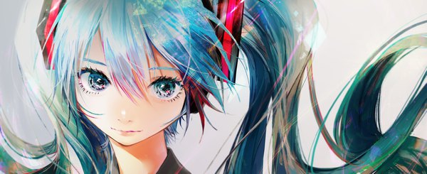 Anime picture 3665x1500 with vocaloid hatsune miku ziijii. single long hair looking at viewer fringe highres simple background hair between eyes wide image twintails aqua eyes aqua hair face girl hair ornament