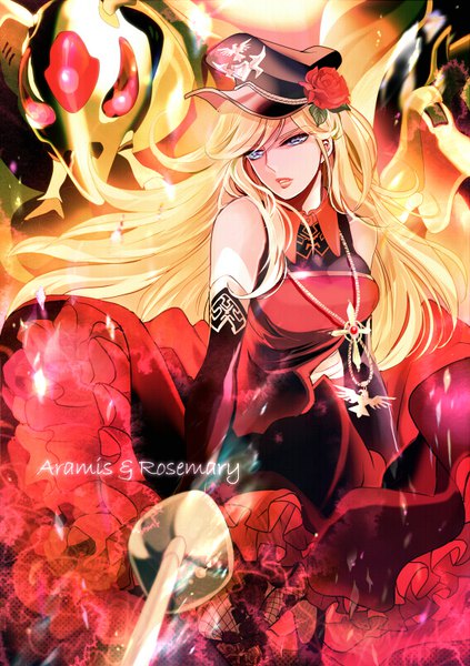 Anime picture 565x800 with b't x b't rosemary aramis jobo (isi88) single long hair tall image looking at viewer blue eyes blonde hair bare shoulders holding parted lips character names girl dress gloves flower (flowers) weapon hat