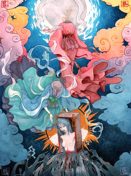 Anime picture 2123x2842 with mouryou no hako kanako yuzuki piratejenny long hair tall image highres blue hair cloud (clouds) traditional clothes japanese clothes topless amputee guro water blood hands box
