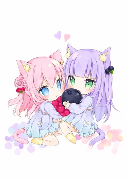 Anime picture 712x1000 with original chico152 long hair tall image blush fringe blue eyes hair between eyes white background multiple girls holding green eyes animal ears looking away pink hair purple hair full body bent knee (knees) tail blunt bangs