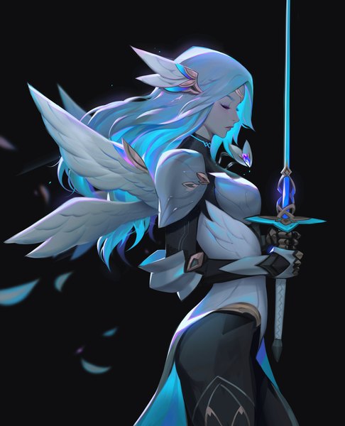 Anime picture 3840x4738 with league of legends fiora (league of legends) paul (shiramune) single long hair tall image highres blue hair absurdres eyes closed profile alternate costume glowing black background angel wings head wings alternate color multiple wings girl gloves
