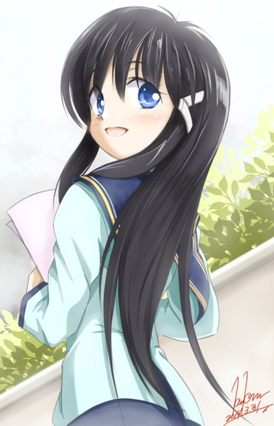 Anime picture 1000x1553 with original kem kem single long hair tall image looking at viewer blush open mouth blue eyes black hair signed looking back girl