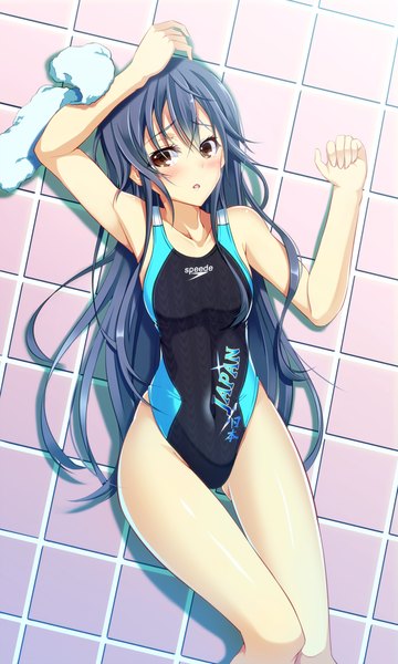 Anime picture 600x1000 with kimi no iru machi eba yuzuki kazane kirito single long hair tall image blush blue eyes brown eyes blue hair lying girl swimsuit towel