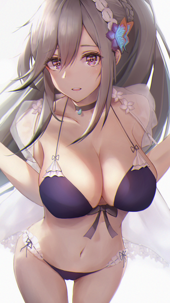 Anime picture 1065x1900 with azur lane dunkerque (azur lane) dunkerque (summer sucre) (azur lane) ruwoka single long hair tall image looking at viewer blush fringe breasts open mouth light erotic simple background hair between eyes large breasts standing purple eyes payot cleavage