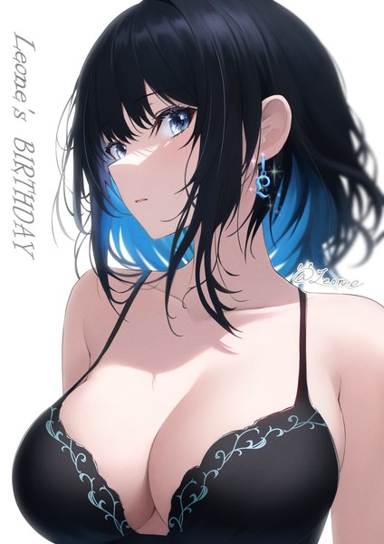 Anime picture 3969x5613 with original leone (kamina0205) single tall image looking at viewer fringe highres short hair breasts open mouth blue eyes light erotic black hair simple background hair between eyes large breasts white background signed absurdres cleavage