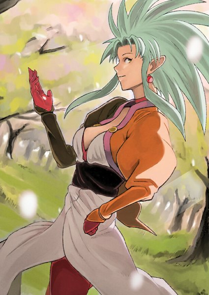 Anime picture 724x1023 with tenchi muyou! anime international company hakubi ryouko rano single long hair tall image yellow eyes payot cleavage profile light smile pointy ears aqua hair hand on hip cherry blossoms spiked hair girl gloves plant (plants)