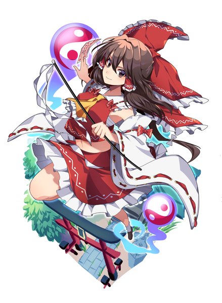 Anime picture 3659x5000 with touhou hakurei reimu kamenozoki momomo single long hair tall image fringe highres hair between eyes brown hair brown eyes absurdres full body traditional clothes japanese clothes from above midriff nontraditional miko yin yang girl