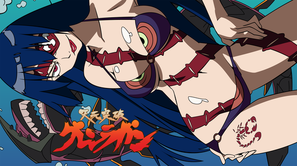 Anime picture 2000x1122 with tengen toppa gurren lagann gainax adiane single long hair looking at viewer highres light erotic red eyes wide image blue hair tattoo blue background vector screenshot girl swimsuit eyepatch monster