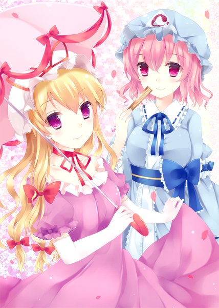 Anime picture 750x1050 with touhou yakumo yukari saigyouji yuyuko ajiriko long hair tall image looking at viewer blush short hair blonde hair smile purple eyes multiple girls pink hair pink eyes girl dress bow 2 girls petals