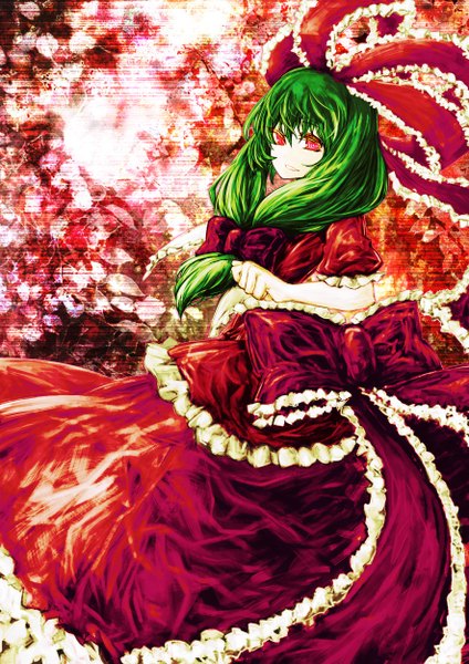 Anime picture 1768x2500 with touhou kagiyama hina akasia single long hair tall image highres red eyes green hair girl dress bow ribbon (ribbons) hair bow hair ribbon red dress