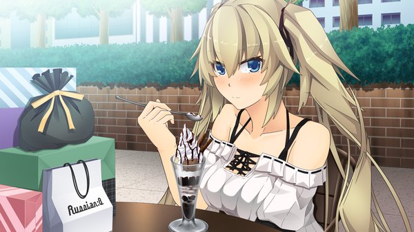 Anime picture 1280x720 with natsuiro asagao residence long hair blush blue eyes blonde hair wide image twintails game cg girl food sweets ice cream