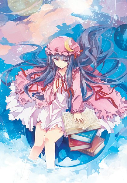 Anime picture 800x1149 with touhou patchouli knowledge zhuxiao517 single long hair tall image sitting purple eyes sky purple hair cloud (clouds) reflection girl dress animal water bird (birds) book (books) bonnet