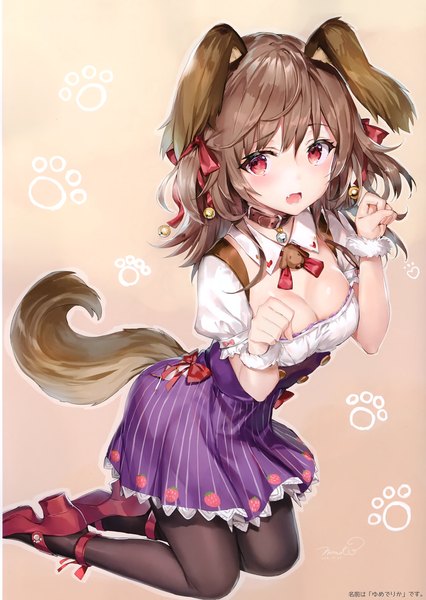 Anime picture 2096x2954 with original momoko (momopoco) single long hair tall image looking at viewer blush fringe highres breasts open mouth light erotic simple background hair between eyes red eyes brown hair animal ears cleavage tail animal tail