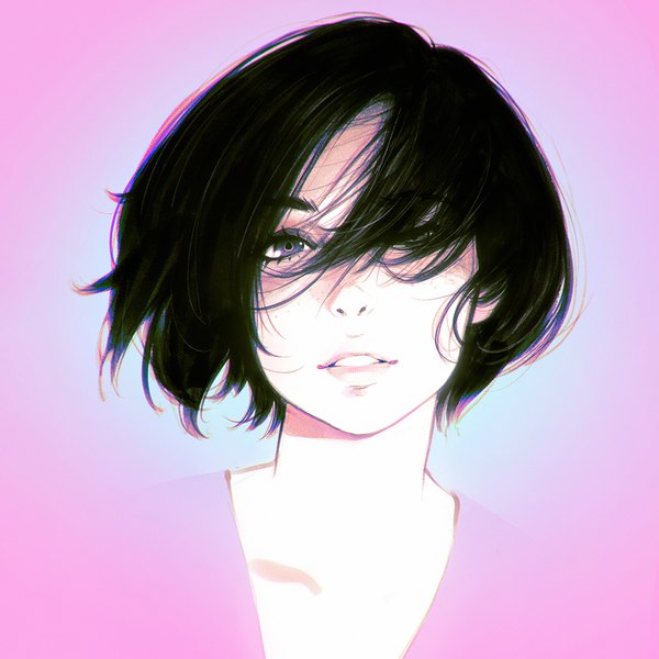 Anime picture 1080x1080 with original ilya kuvshinov single looking at viewer fringe short hair black hair simple background purple eyes parted lips hair over one eye gradient background portrait pink background girl