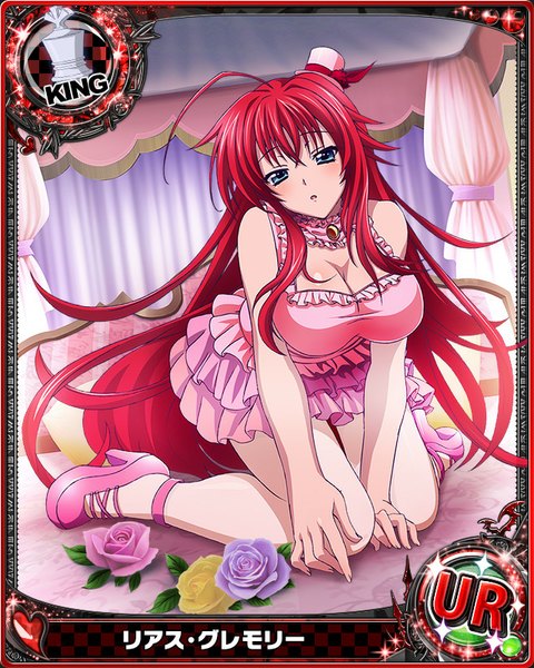 Anime picture 640x800 with highschool dxd rias gremory single tall image looking at viewer blush open mouth blue eyes light erotic cleavage red hair very long hair card (medium) girl dress flower (flowers) hat rose (roses) mini hat mini top hat
