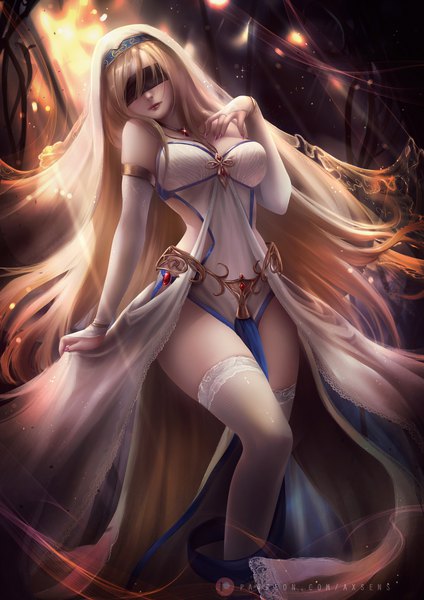 Anime picture 3532x5000 with goblin slayer! white fox sword maiden axsen single tall image fringe highres breasts light erotic blonde hair large breasts standing bare shoulders absurdres bent knee (knees) very long hair nail polish head tilt fingernails