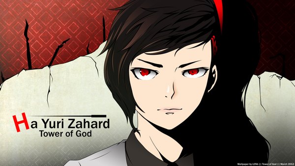 Anime picture 1920x1080 with tower of god ha yuri zahard lenb (artist) single long hair looking at viewer highres black hair red eyes wide image inscription girl
