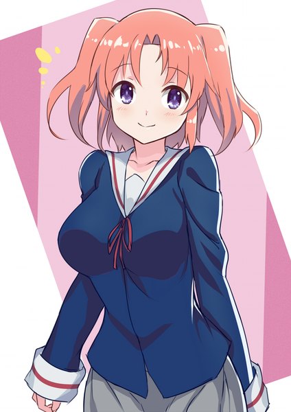 Anime-Bild 707x1000 mit mikakunin de shinkoukei doga kobo yonomori kobeni saiste single tall image blush fringe short hair breasts simple background smile large breasts purple eyes orange hair two side up girl uniform