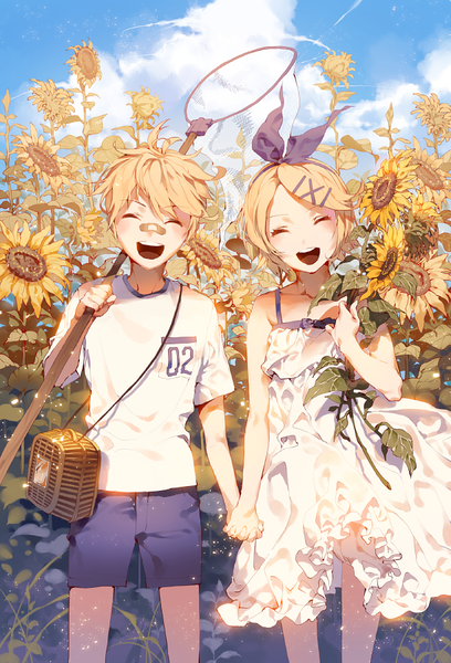 Anime picture 612x900 with vocaloid kagamine rin kagamine len fajyobore tall image blush short hair open mouth blonde hair smile standing holding sky cloud (clouds) outdoors eyes closed teeth alternate costume holding hands happy