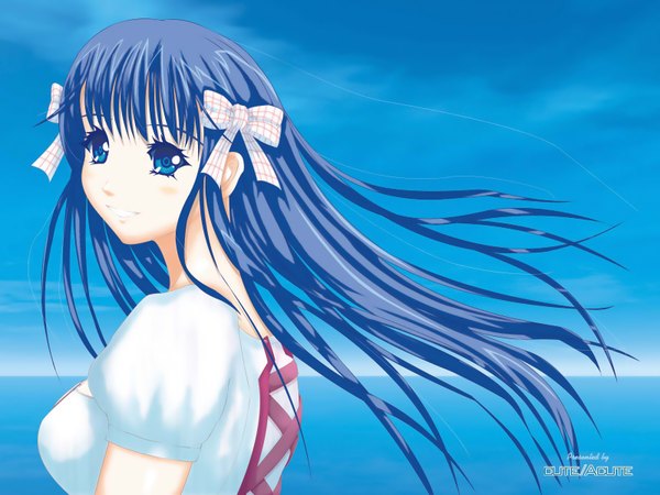 Anime picture 1600x1200 with pangya arin long hair highres blue eyes smile blue hair sky ribbon (ribbons) sea